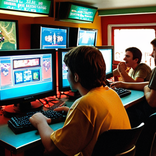 Home 11 **
A vibrant and nostalgic scene inside a bustling "cibercafé" (internet cafe) in Spain, circa early 2000s. Several young people are intensely focused on their computer screens, playing games like Counter-Strike and Diablo II. The room is filled with the glow of CRT monitors, the clatter of keyboards, and a slight haze of cigarette smoke (if acceptable for the platform; otherwise, omit). Emphasize the feeling of camaraderie and excitement of shared gaming experiences.
**