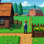 A solitary farmer, fully clothed in modest, practical work attire, stands on an early-game Stardew Valley farm. The scene depicts a clear contrast: one side shows the initial chaotic state with overgrown weeds, scattered rocks, and wild trees, while the other side reveals the beginning of organization with a small, neatly tilled patch of young crops, surrounded by a simple dirt path leading towards a rustic farmhouse. A basic wooden chest is conveniently placed near the house entrance. The farmer is observing their work with a thoughtful, natural pose. The image is a professional photograph, featuring perfect anatomy, correct proportions, well-formed hands, and proper finger count. High quality, safe for work, appropriate content, fully clothed, family-friendly.