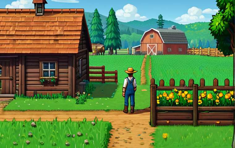 A solitary farmer, fully clothed in modest, practical work attire, stands on an early-game Stardew Valley farm. The scene depicts a clear contrast: one side shows the initial chaotic state with overgrown weeds, scattered rocks, and wild trees, while the other side reveals the beginning of organization with a small, neatly tilled patch of young crops, surrounded by a simple dirt path leading towards a rustic farmhouse. A basic wooden chest is conveniently placed near the house entrance. The farmer is observing their work with a thoughtful, natural pose. The image is a professional photograph, featuring perfect anatomy, correct proportions, well-formed hands, and proper finger count. High quality, safe for work, appropriate content, fully clothed, family-friendly.