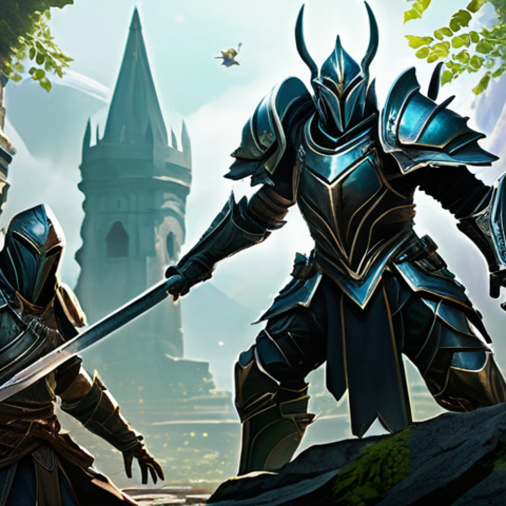 워크래프트3 사용자 맵 인기작 - **A high-fantasy, dynamic action scene depicting five diverse heroes engaged in a strategic team bat...