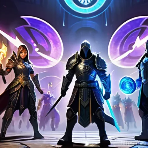 쉐도우 아레나 팀 배틀 전략 - **Prompt: "Team Synergy in a High-Fantasy Arena"**
    *   **Description:** A dynamic, wide-angle sh...