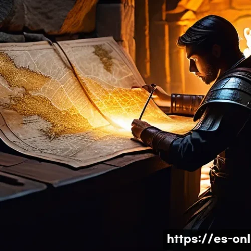 Home 30 던전 클리어 시간 단축 팁 - A detailed fantasy dungeon explorer studying a glowing, ancient map spread on a wooden table inside ...