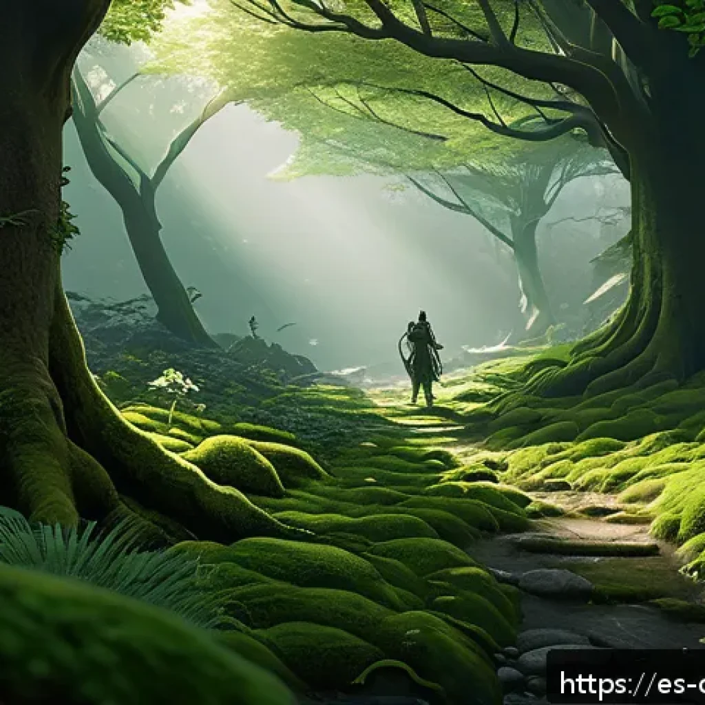 테일즈위버 시나리오 집중 탐구 - A lush, dense forest scene inspired by the “Lorian Forest” in a fantasy RPG setting, featuring wild ...