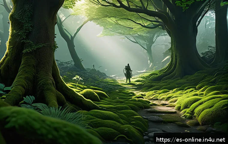 테일즈위버 시나리오 집중 탐구 - A lush, dense forest scene inspired by the “Lorian Forest” in a fantasy RPG setting, featuring wild ...