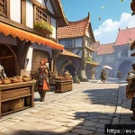 라그나로크 온라인 스토리 - A vibrant scene depicting a bustling MMORPG fantasy marketplace inspired by Ragnarok Online, filled ...