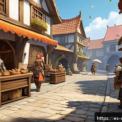 라그나로크 온라인 스토리 - A vibrant scene depicting a bustling MMORPG fantasy marketplace inspired by Ragnarok Online, filled ...