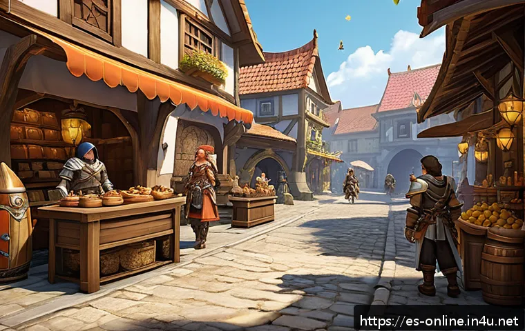 라그나로크 온라인 스토리 - A vibrant scene depicting a bustling MMORPG fantasy marketplace inspired by Ragnarok Online, filled ...