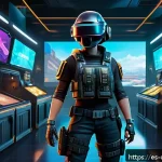 Home 23 배그 스킨 시장의 숨은 비화 - A detailed digital art scene of a PUBG player character standing confidently in a futuristic marketp...