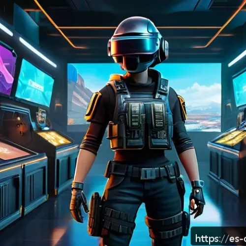 Home 17 배그 스킨 시장의 숨은 비화 - A detailed digital art scene of a PUBG player character standing confidently in a futuristic marketp...