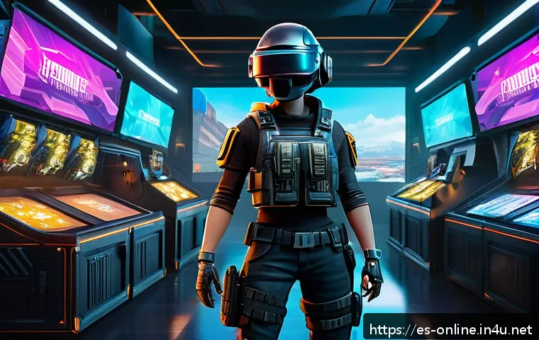 배그 스킨 시장의 숨은 비화 - A detailed digital art scene of a PUBG player character standing confidently in a futuristic marketp...